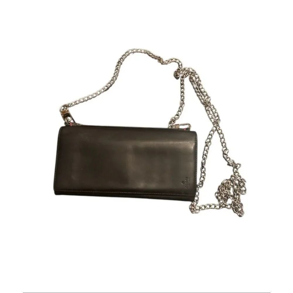 Gucci Bifold Long Wallet Black Leather With Silver Chain Strap Cocktail Party